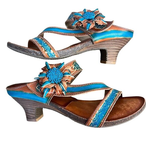 L’ARTISTE by Spring Step Amethyst Slide Sandals Womens 38/8 Turquoise Blue Brown - Picture 1 of 9
